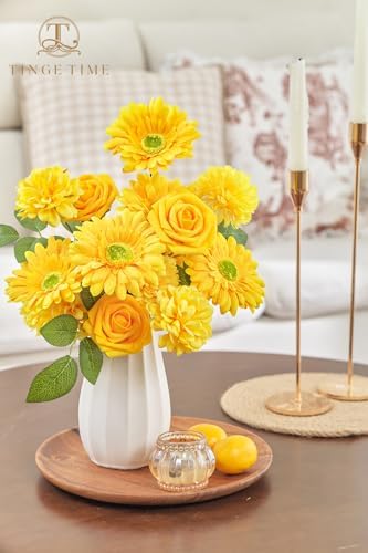 TINGE TIME 23pcs Artificial Flower Combo, Bright Yellow Gerbera Daisy Rose