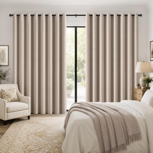 MIULEE Extra Wide 100% Blackout Linen Curtains for Bedroom 100x90 Beige