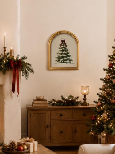 TwoDays Vintage Christmas Tree 11" x 13.8" Gold Arched Framed Wall Art