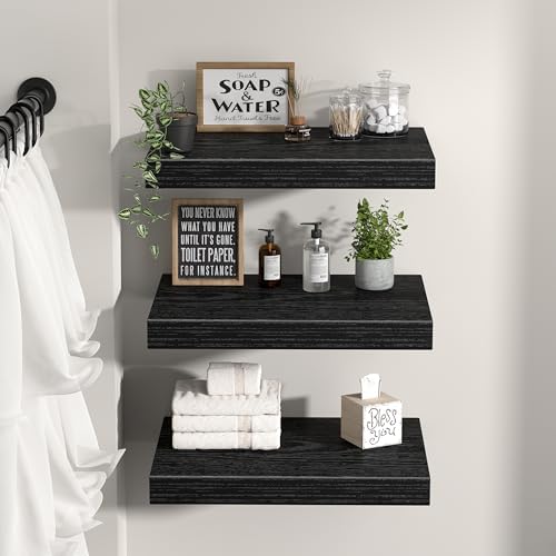QEEIG 12" Deep Floating Projector Shelves Under TV Shelf (Black, Set of 3)
