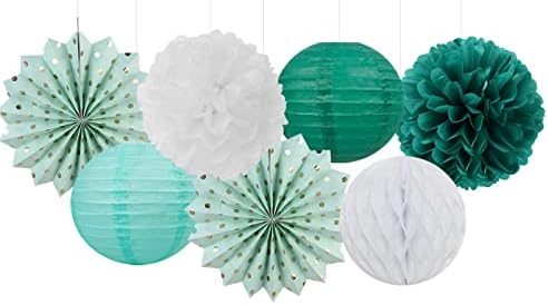 Sage-Green Teal-Gold Baby-Shower Party Decorations - 14pcs Rustic Wedding Paper Lanterns Fan,Tissue Pom Poms Streamers,Honeycomb Balls,Birthday Bachelorette Engagement Bridal Decor Lasting Surprise
