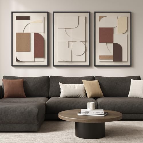 3D Textured Large Framed Neutral Abstract Wall Art for Living Room, 3 Piece