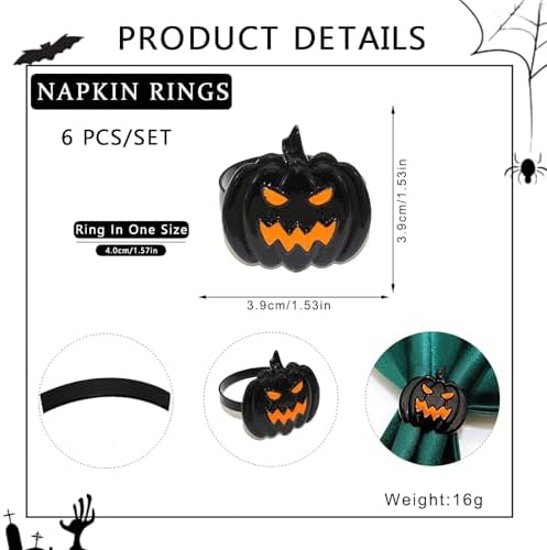 6 Pcs Halloween Napkin Rings Set Pumpkin Napkin Ring Holders Black Spooky Metal Alloy Serviette Buckles for Halloween Kitchen Dinner Table Party Decorations