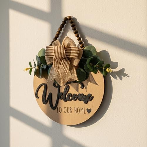 Condorpasea 3D Welcome Sign for Front Door | Home/Farmhouse Porch Décor Wooden Hanging Sign with Artificial Leaves and
