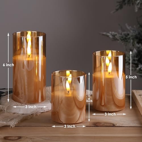 Eywamage Gold Glass Flameless Pillar Candles with Remote, Flickering Fall LED Candles Battery Operated Set of 3