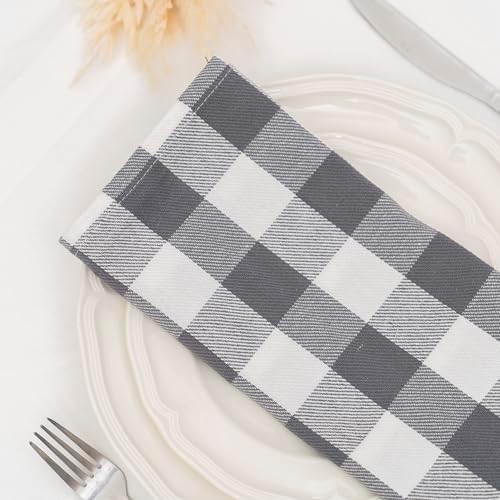 Gray Cloth Cotton Dinner Napkins - 100% Cotton, 12-Pack, 20"x20" Checkered Gingham Gray Cotton Napkins for Parties, Weddings, Baby Showers and Other Events - Plaid, Reusable and Washable