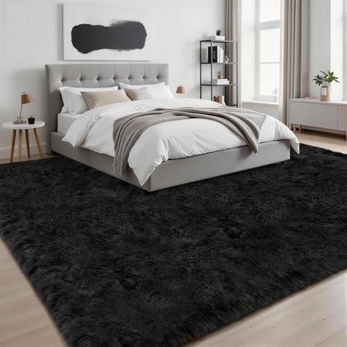 9x12 Area Rug Living Room Bedroom: Fluffy Plush Shag Carpet Black