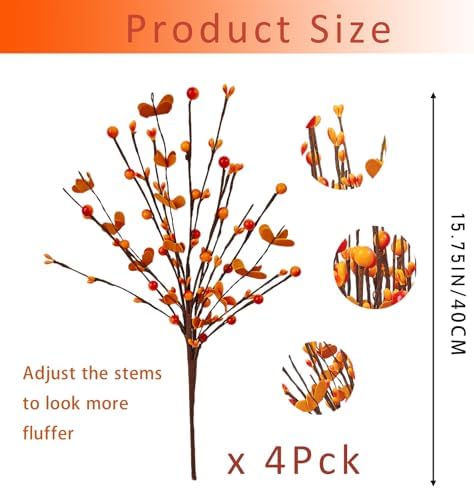 RHN Artificial Fall Floral Stems for Vases,15.75 in Fall Faux Berry Bittersweet Stems Decor Autumn Branches Picks Decor for Autumn Harvest Thanksgiving Day Home Table Floral Arrangements Vase Filler