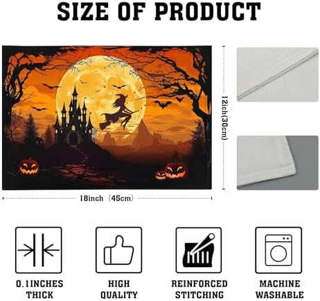 Halloween Placemats Set of 4 18x12 Inch Spooky Witch Bat Castle Pumpkin Linen Place Mats Heat-Resistant Washable Wipeable Fall Holiday Table Mats for Party Kitchen Dining Room Dinner Table Decor