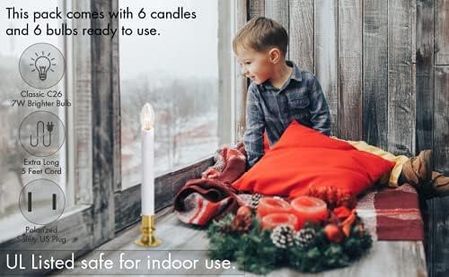 Electric Christmas Window Candle Lamp with Brass Plated Base, Dusk to Dawn | Auto Sensor | Turns Candle on in Dark and Off in Light, Ready to Use! | 4 Pack