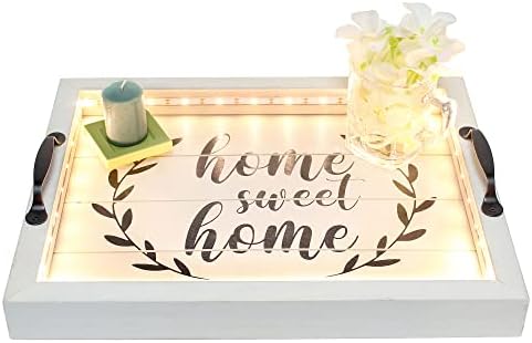 Elegant Designs HG2032-GHH Salento Farmhouse Rectangular Decorative LED Light Up Wooden Serving Tray w Metal Handles & Home Sweet Home in Black for Décor, Centerpiece, Breakfast, Bar, Gray Wash