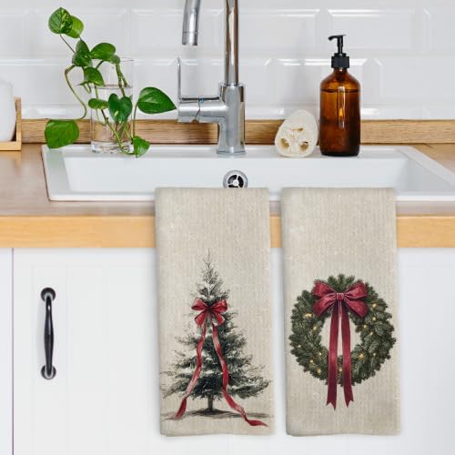 Red Bow Christmas Wreath Tree Kitchen Dish Towels 16x24, Set of 2