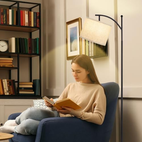 Ambimall 60" Floor Lamp for Living Room with 3 Color Temperatures, Adjustable Grey Shade with Black Pole, Tall Lamp for