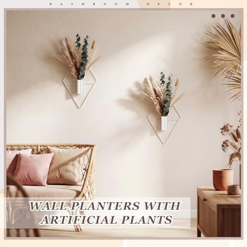 Jexine 2 Pcs Hanging Artificial Planters Wall Decor, White, Pampas