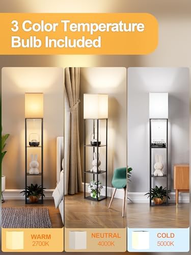 Floor Lamp with Shelves for Living Room, Shelf Floor Lamp with 3 CCT LED Bulb, Corner Display Standing Column Lamp