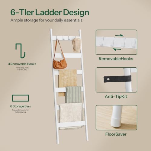 HOOBRO Blanket Ladder, 6-Tier Towel Rack with Hooks, Wall-Leaning Blanket Rack, Decorative Display Ladder Shelf, for