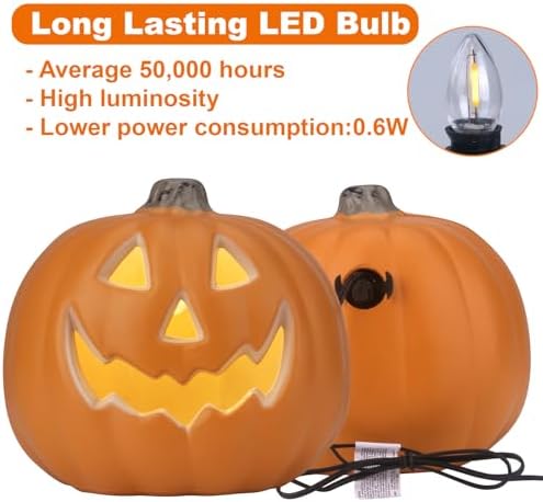 9" Jack-o'-Lantern - Halloween Light Up Pumpkin Lantern with ETL Certified Cord and 2 Safety Fuse - Indoor Outdoor JackoLantern Decoration for Halloween Party Home Décor - Round Lightened Pumpkin