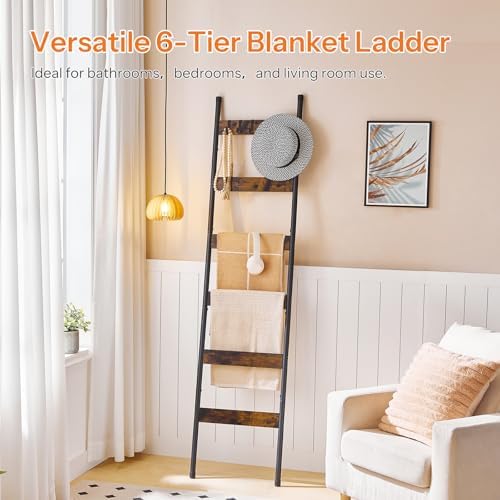 HOOBRO Blanket Ladder, 6-Tier Towel Rack with Hooks, Wall-Leaning Blanket Rack, Decorative Display Ladder Shelf