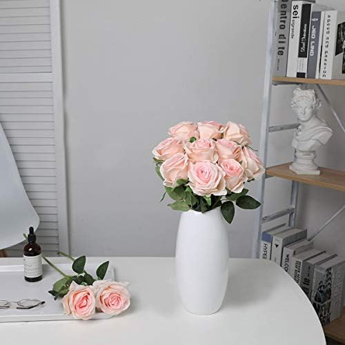 10pcs Light Pink Roses Artificial Flowers, Realistic Faux Rose with Stem