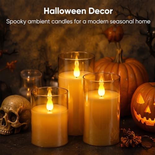 Homemory Amber Flameless Candles, Battery Operated Acrylic LED Pillar Candles with Remote Timer, Realistic Flickering Fake Candles for Home Decor, Thanksgiving, Christmas, Wedding, Set of 3
