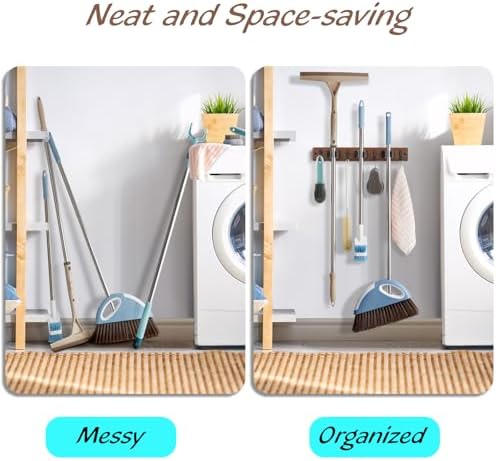 OUTNILI 2 Pack Mop Broom Holder Wall Mount with 3 Slots & 4 Hooks - Rustic Wood Broom Mop Hanger for Pantry Kitchen