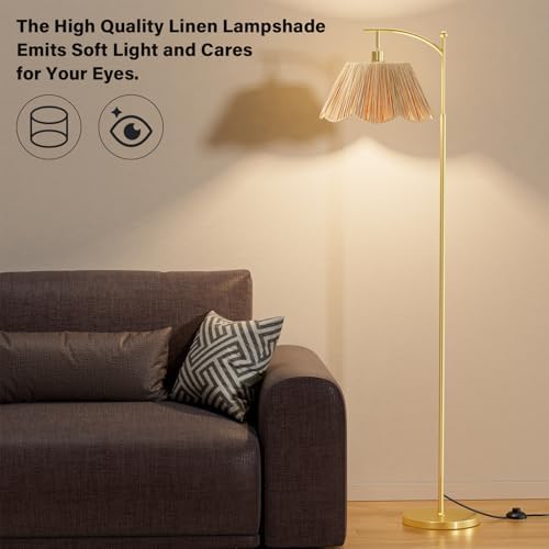 Ambimall 60" Floor Lamps for Living Room with 3 Color Temperatures, Gold Floor Lamp with Rattan Shade, Modern Tall