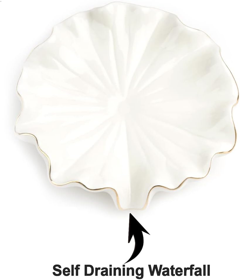 Drain Ceramic Lotus Leaf Soap Holder Soap Saver for Bar Soap / White