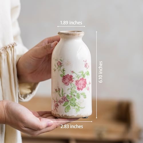 Boho Vase / Ceramic Rustic Farmhouse Vase / Pink Flora / 6 Inch