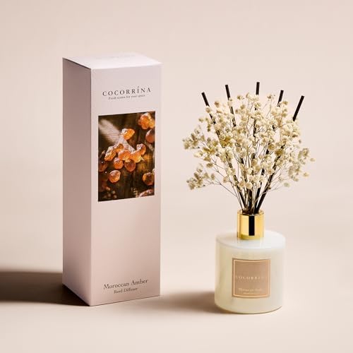 COCORRÍNA Reed Diffuser - Moroccan Amber 6.7 Fl.oz Reed Diffuser Set with Sticks & Preserved Baby's Breath, Reed