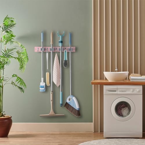OUTNILI Pink Mop Broom Holder Wall Mount with 4 Slots & 4 Hooks - Wood Broom Mop Hanger for Pantry Closet Laundry Room