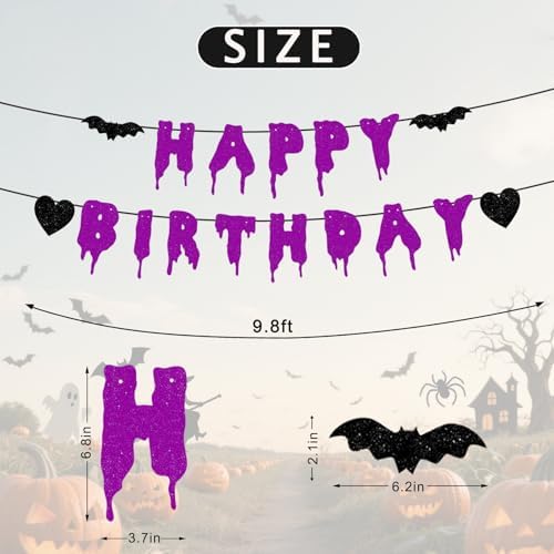 Happy Birthday Halloween Banner NO DIY Glitter Halloween Birthday Party Decorations for Home Office Wall Mantle Scary Party Decorations (Purple)