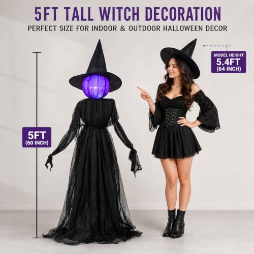 Dazzle Bright Halloween Witch Decorations Outdoor, 5 FT Set of 3 Light Up Head Holding Hands Witch with Stakes, Waterproof Witch Decor for Garden Yard Lawn Haunted House Decor