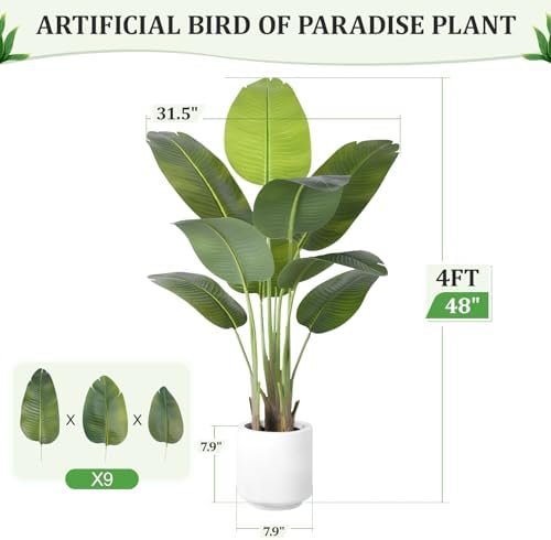 Artificial Bird of Paradise Plant 4Ft Tall Fake Tropical Palm Tree Large Fake Plants with 9 Silk Banana Leaves Faux
