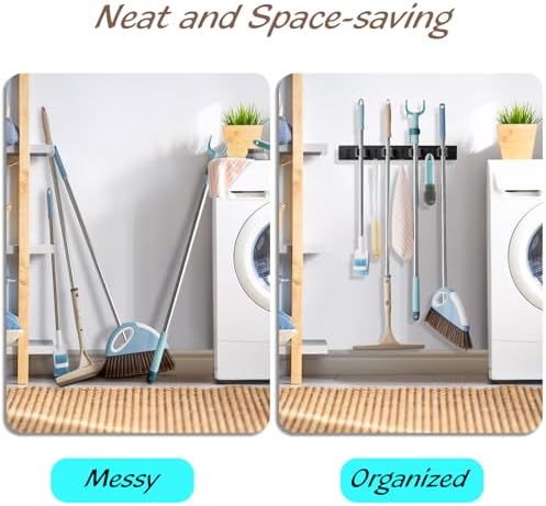 OUTNILI 2 Pack Black Mop Broom Holder Wall Mount - Wood Broom Mop Hanger - Wall Mounted Garden Tool Rack Organizer for