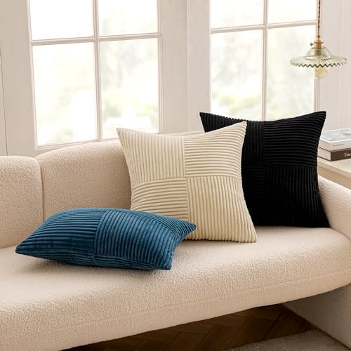 MIULEE Black Decorative Throw Pillow Covers 18x18 Inch for Couch Bed Sofa Pack of 4 Boho Farmhouse Throw Pillows Soft Cross Corduroy Patchwork Textured Cushion Cases