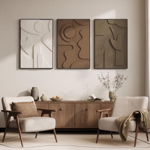 Large 3D Textured Framed Neutral Abstract Wall Art for Living Room, 3 Piece