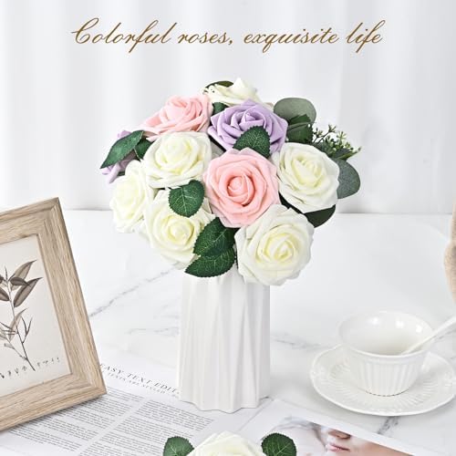 BLEUM CADE 16Pcs Artificial Flowers Fake Foam Roses with Stems for Wedding