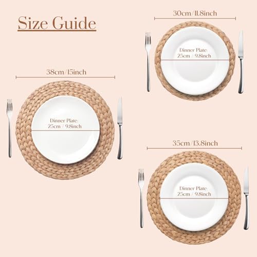 YANGQIHOME 6 Pack, Round Woven Placemats, Natural Water Hyacinth Wicker Place mats, Braided Straw Table Mats, Charger Plates for Dining Table, Fall, Thanksgiving, Christmas (11.8 inch)
