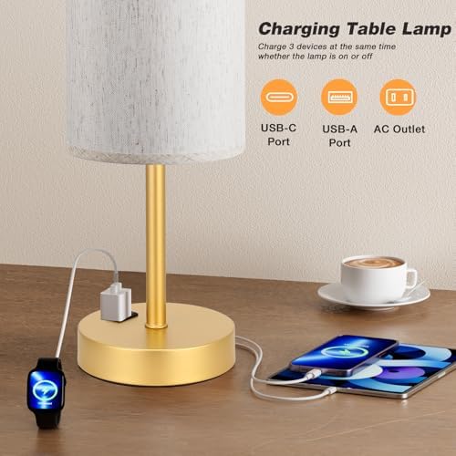 Fenmzee 17.4" Gold Lamp for Bedroom - Dimmable Touch, USB A+C, AC Outlet