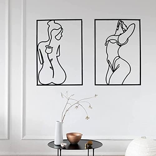 Glamativity Large 4 Pack Black Wall Art, Minimalist Single Line Art, Real Metal Wall Art, Woman's Body Shape Abstract