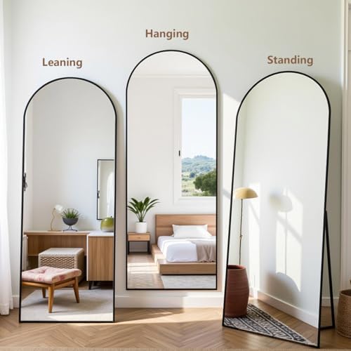 Prywot Arched Full Length Mirror, 58"x18" Floor Mirror with Stand, Black