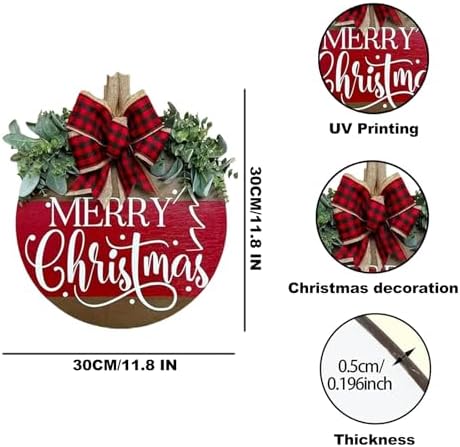 Merry Christmas Door Hanger Sign for Front, Chrismas Welcome Wooden Wreaths Sign with Bow for Winter Farmhouse Garden Porch Decorations (Christmas Door Sign)