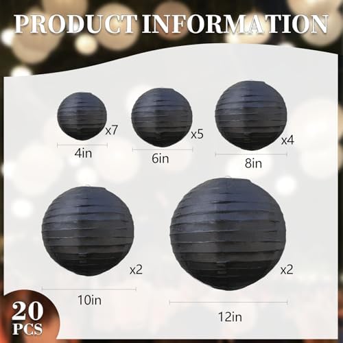 20Pcs Black Paper Lanterns for Parties, 4” 6” 8” 10” 12” Chinese Asian Hanging Round Paper Lanterns for Birthday Wedding Halloween Christmas Home Decor Party Decor