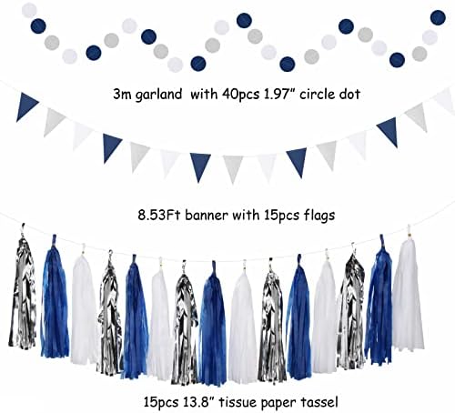 Navy-Blue White-Silver Graduation Party-Decorations - 33pcs Kits Banner, Streamers Tassel Garland,Tissue Pom Poms Honeycomb, Paper Lantern Fans,Wedding Birthday Baby Shower Backdrop Decor Hugtmr