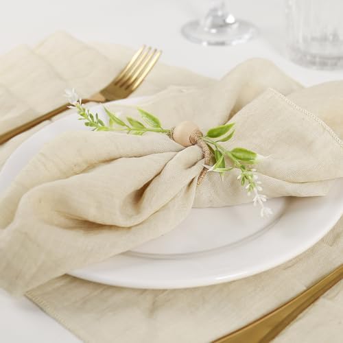 Handmade Farmhouse Napkin Rings Set of 8, Eucalyptus Napkin Rings with Wooden Bead Greenery Leaves Rustic Napkins Holder for Easter Banquet Celebration, Wedding Parties Dinner Table Decor