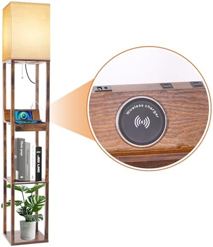 RUNTOP Floor Lamp with Shelves, Shelf Floor Lamp with Wireless Charger & 2 Charging USB Ports & Drawer, AC Outlet, 3