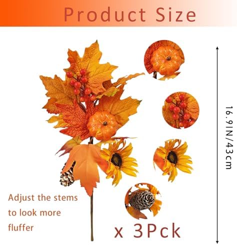 Fall Flowers Artificial for Decoration,16.9 In Fall Floral Stems Picks with Pumpkin Pinecone Sunflower Berry Maple Leaf Stem for Autumn Harvest Thankgiving Home Table Centerpiece Floral Arrangements