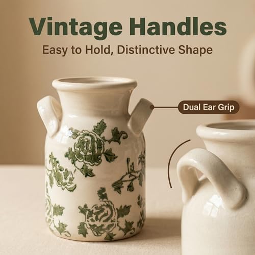 Ceramic Vase Set of 3 with Two Handles, Green White Neutral Rustic Modern Farmhouse Boho Decor, Versatile as Table