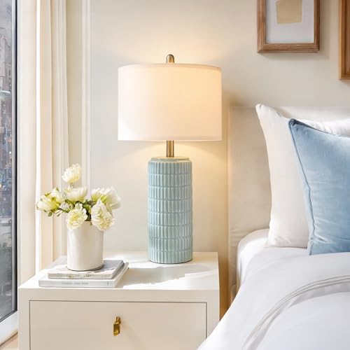 PoKat 23" Light Blue Table Lamps Set of 2, Modern Bedside Lamps for Bedroom, Coastal Ceramic End Table Lamps for Living