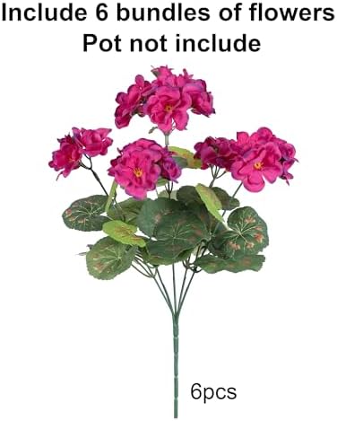 Artificial Geranium Fake Flowers for Outdoors Decoration, 6 Bundles Silk Geraniums Flower UV Resistant Look Real Faux Plants for Outside Planter Front Door Garden Patio Balcony Yard Home, Fuchsia